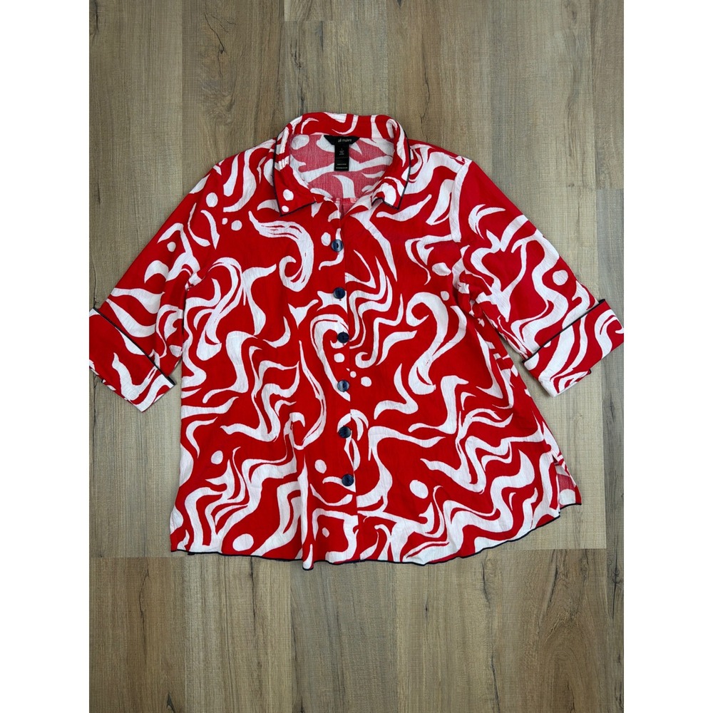 Ali Miles Red White Abstract Swirl Wired Collar Button Up Blouse Large